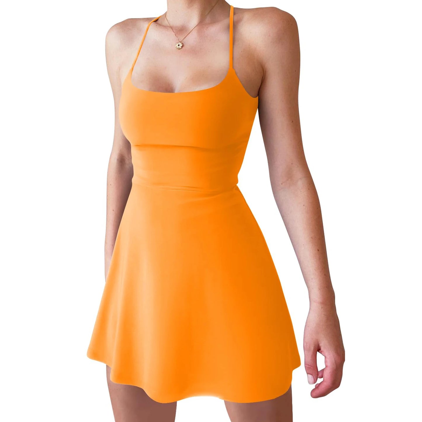 Women'S Spaghetti Strap Tennis Mini Dress with Shorts Summer Solid Color Open Back Athletic Scoop Neck Short Dress
